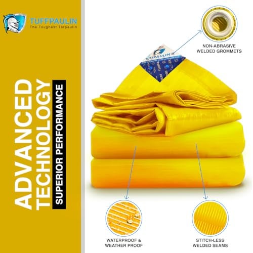 TUFFPAULIN 9FT X 6FT 90 GSM Yellow Tarpaulin Tirpal Tadpatri Tharpai Thadika, Extra Strong, Reinforced Eyelets, UV Resistant, 100% Waterproof, 6 Layer MLCL 3D Rib Technology-1 No. - Image 3