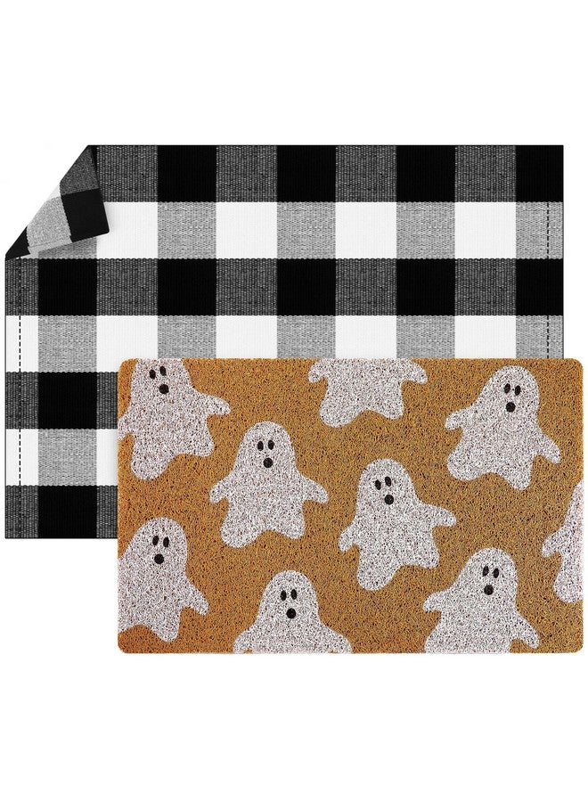 Fabbay سجادة مدخل 2 قطعة منزلية تقليد جوز الهند خريف عيد الشكر هالوين مع قاعدة مطاطية غير قابلة للانزلاق سجادة مربعة نمط بوفالو لتزيين مدخل الباب الأمامي (شبح) - Image 2