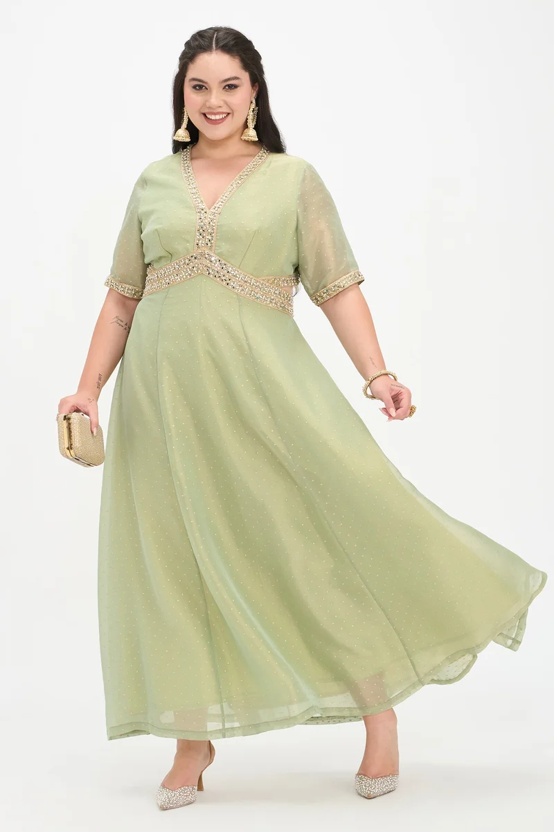 فيرجيو Self Design Viscose Butta Jacquard Maxi Plus Size Dress With Lace for Women