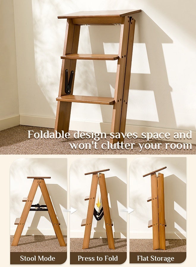 أوبتيا سلم للأطفال، 3 درجات قابلة للطي - كرسي صغير قابل للطي ومضاد للانزلاق، سلم خيزران متعدد الاستخدامات 3 في 1 خفيف الوزن وقابل للنقل، كرسي صغير خشبي موفر للمساحة للمطبخ والمكتب (بني، سعة 250 رطلاً) - Image 4