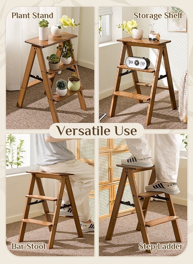 أوبتيا سلم للأطفال، 3 درجات قابلة للطي - كرسي صغير قابل للطي ومضاد للانزلاق، سلم خيزران متعدد الاستخدامات 3 في 1 خفيف الوزن وقابل للنقل، كرسي صغير خشبي موفر للمساحة للمطبخ والمكتب (بني، سعة 250 رطلاً) - Image 5