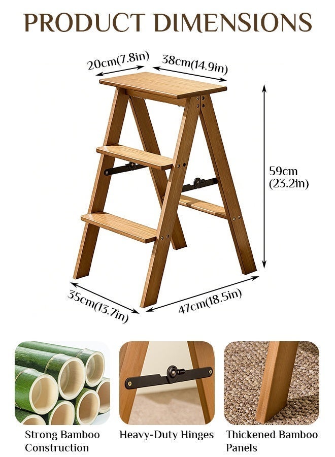 أوبتيا سلم للأطفال، 3 درجات قابلة للطي - كرسي صغير قابل للطي ومضاد للانزلاق، سلم خيزران متعدد الاستخدامات 3 في 1 خفيف الوزن وقابل للنقل، كرسي صغير خشبي موفر للمساحة للمطبخ والمكتب (بني، سعة 250 رطلاً) - Image 3