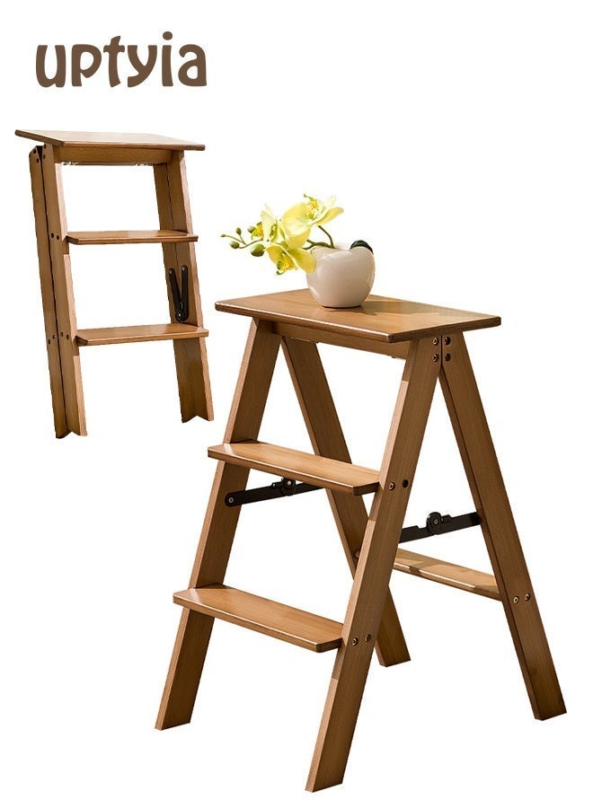 أوبتيا سلم للأطفال، 3 درجات قابلة للطي - كرسي صغير قابل للطي ومضاد للانزلاق، سلم خيزران متعدد الاستخدامات 3 في 1 خفيف الوزن وقابل للنقل، كرسي صغير خشبي موفر للمساحة للمطبخ والمكتب (بني، سعة 250 رطلاً) - Image 1