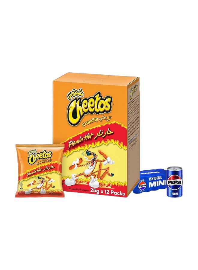 Pepsi Cheetos Crunchy Flaming Hot , 25g × 12 Pack of 12 + Pepsi Cola Mini Cans 15 x 155ml - Image 1