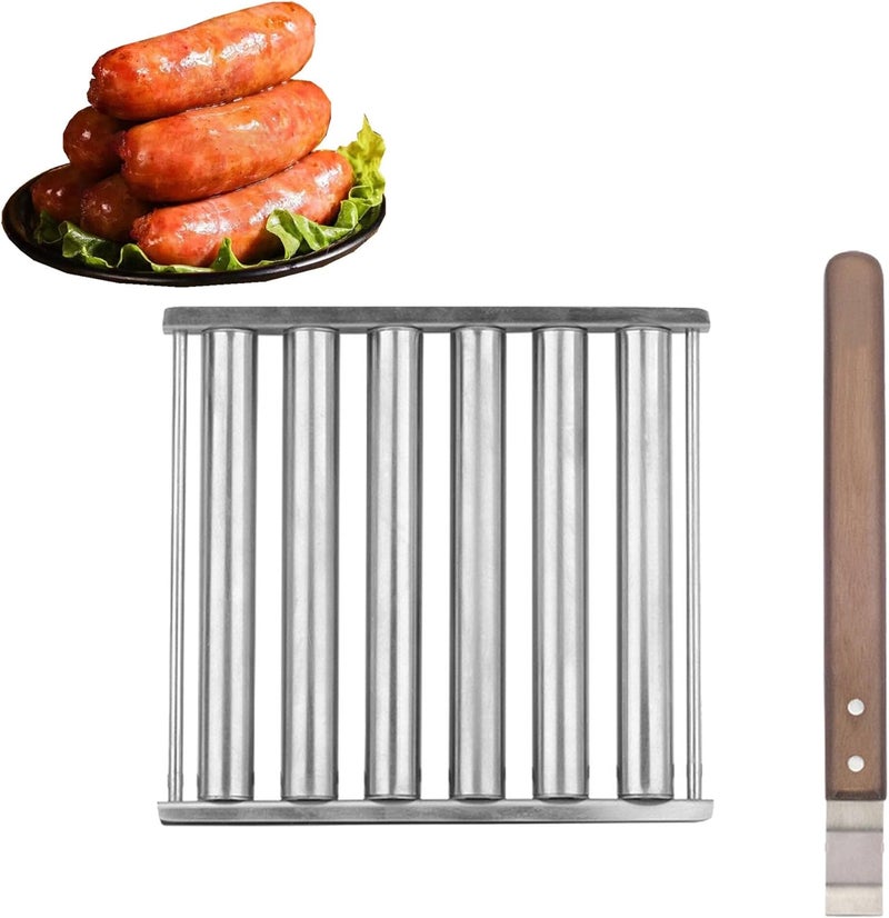klarako BBQ Sausage Roller for Grill, Sausage Roller Holder Rack, Hot Dog Roller, Stainless Steel Hot Dog Grill Steamer with Wooden Handle, Barbecue Camping Essentials Accessories for Grill - Image 1