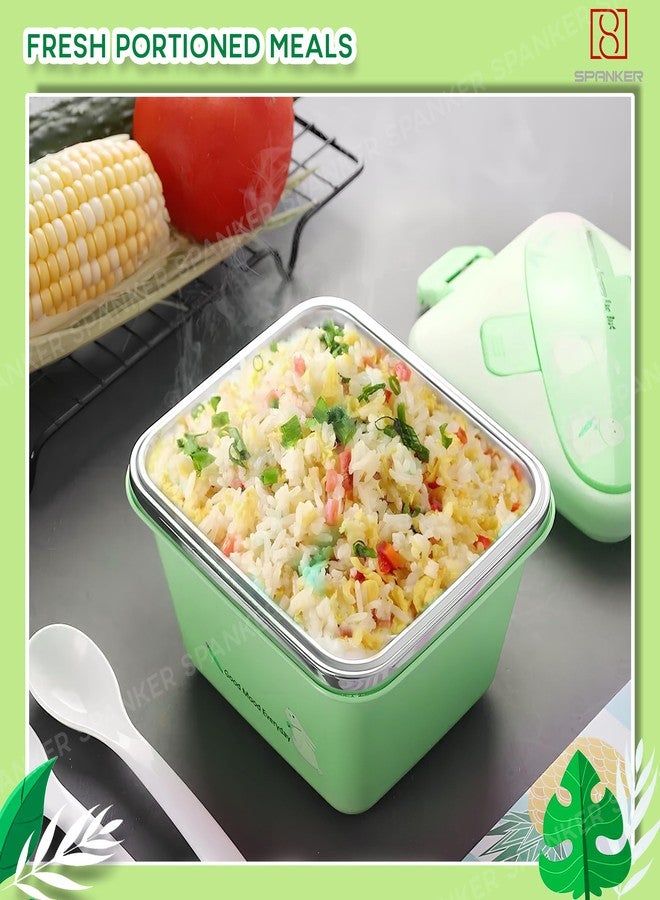 Spanker 600 ML Cartoon Design Portable Leak-Proof, BPA-Free Dishwasher Safe Stainless Steel Bento Box with Spoon & Fork for Toddlers Preschoolers - Green - Image 3