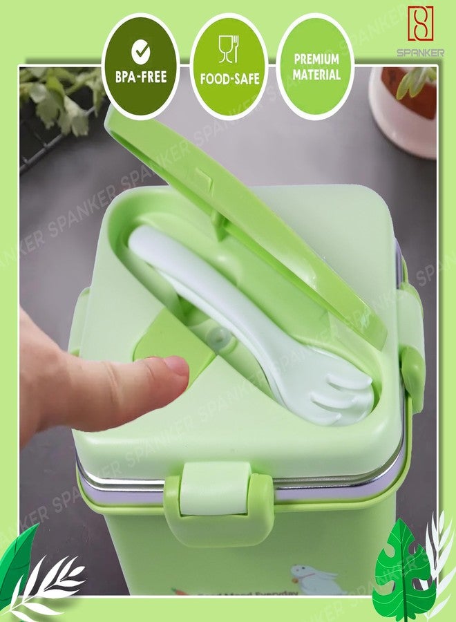 Spanker 600 ML Cartoon Design Portable Leak-Proof, BPA-Free Dishwasher Safe Stainless Steel Bento Box with Spoon & Fork for Toddlers Preschoolers - Green - Image 2