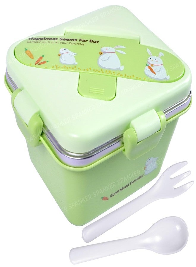 Spanker 600 ML Cartoon Design Portable Leak-Proof, BPA-Free Dishwasher Safe Stainless Steel Bento Box with Spoon & Fork for Toddlers Preschoolers - Green - Image 1
