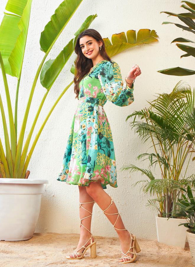 SASSAFRAS Patchwork Floral Print Wrap Front Skater Dress - Image 3