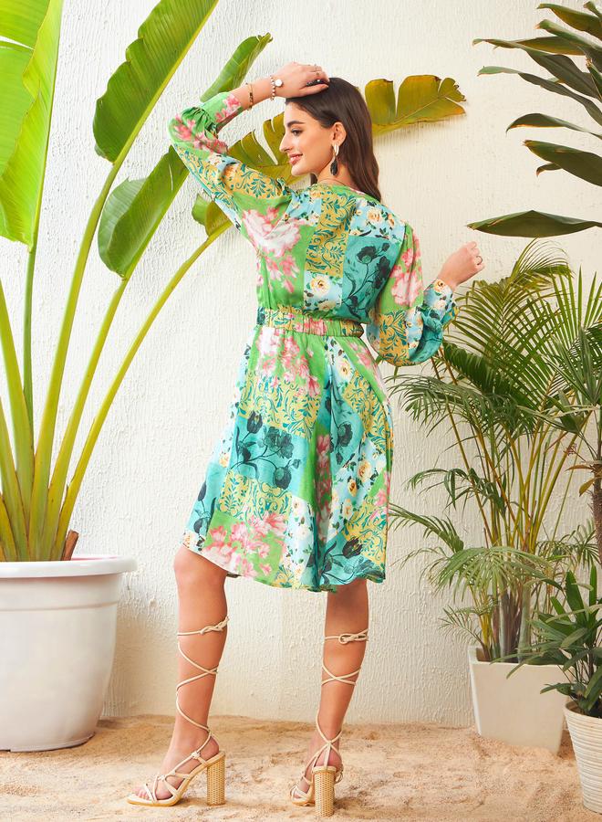 SASSAFRAS Patchwork Floral Print Wrap Front Skater Dress - Image 5