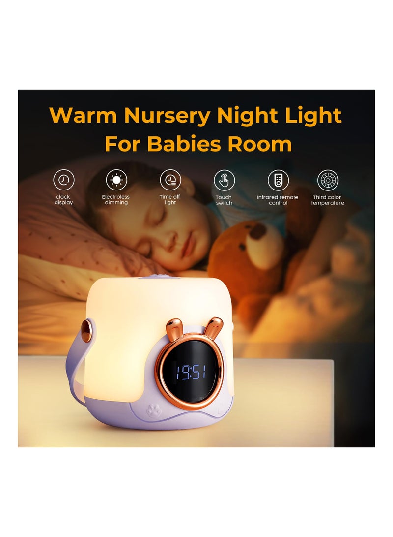 Cute Portable Kids Night Light with Clock LED Table Lamp Ideal for Nursery Camping and Breastfeeding Gift Purple - Image 2