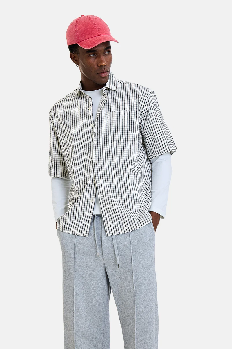 سنيتش Cream Checkered Half Sleeve Boxy Casual Shirt