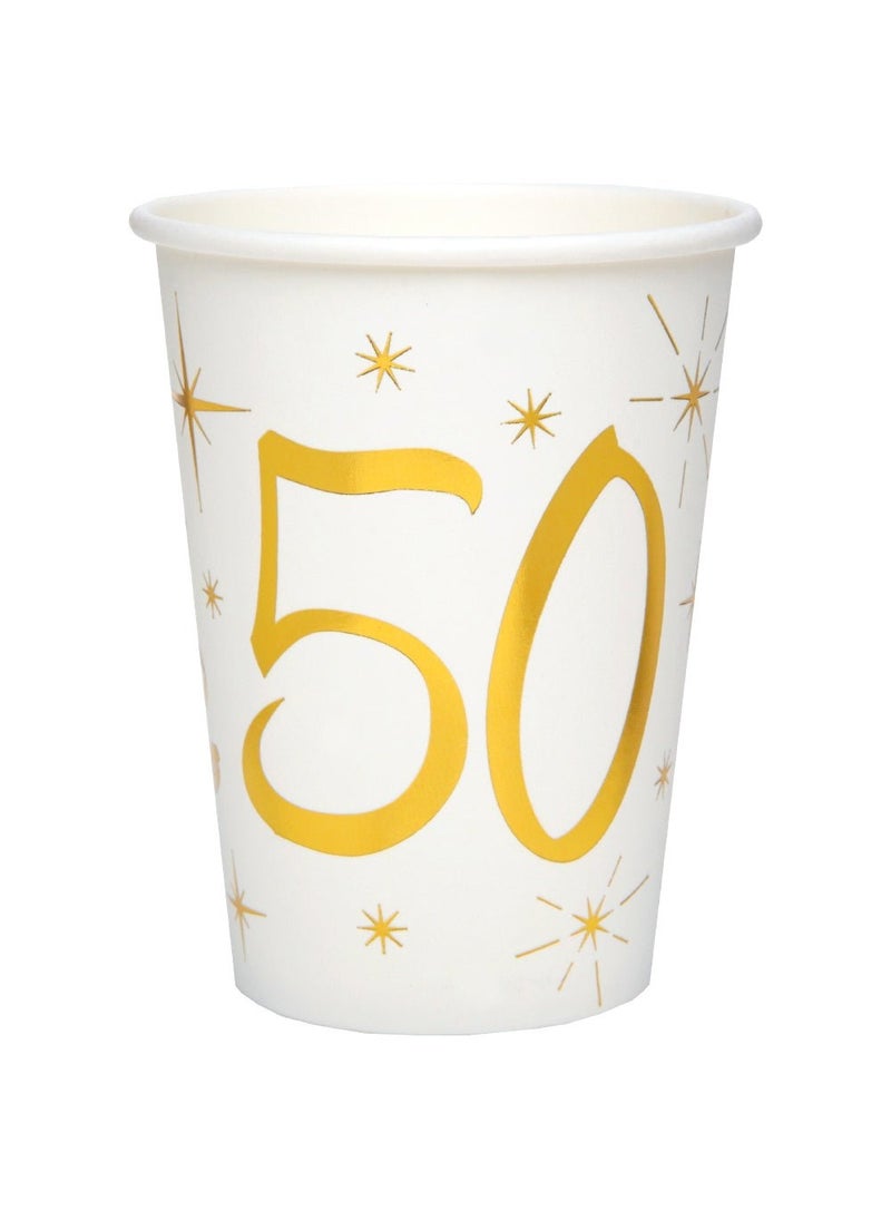 50th Birthday Anniversary Disposable Paper Cups White Gold 9.5cm 10-Pack