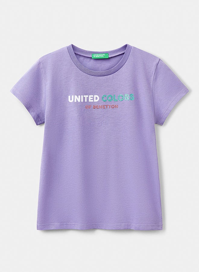 بينيتون تي شيرت بنات مع شعار لامع من القطن - Image 1