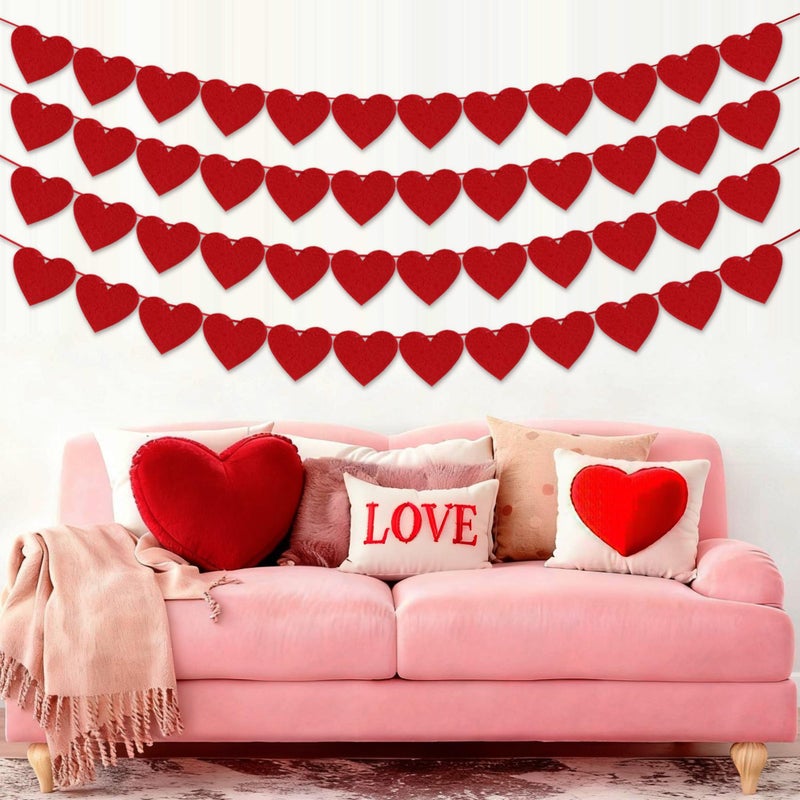 Partyprops 4Pcs Valentines Day Decorations Red Felt Heart Garland Banner, Pre-Strung, 48 Hearts Valentines Banner for Outdooe Indoor Home Valentines Day Decor NO DIY Galentines Day Anniversary Wedding Decoration - Image 5