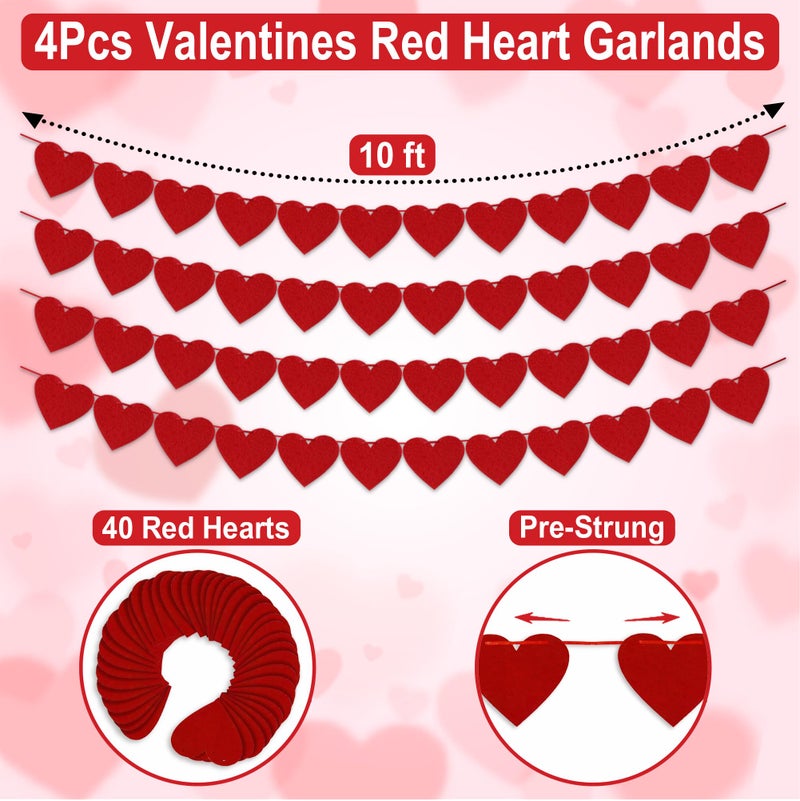 Partyprops 4Pcs Valentines Day Decorations Red Felt Heart Garland Banner, Pre-Strung, 48 Hearts Valentines Banner for Outdooe Indoor Home Valentines Day Decor NO DIY Galentines Day Anniversary Wedding Decoration - Image 4