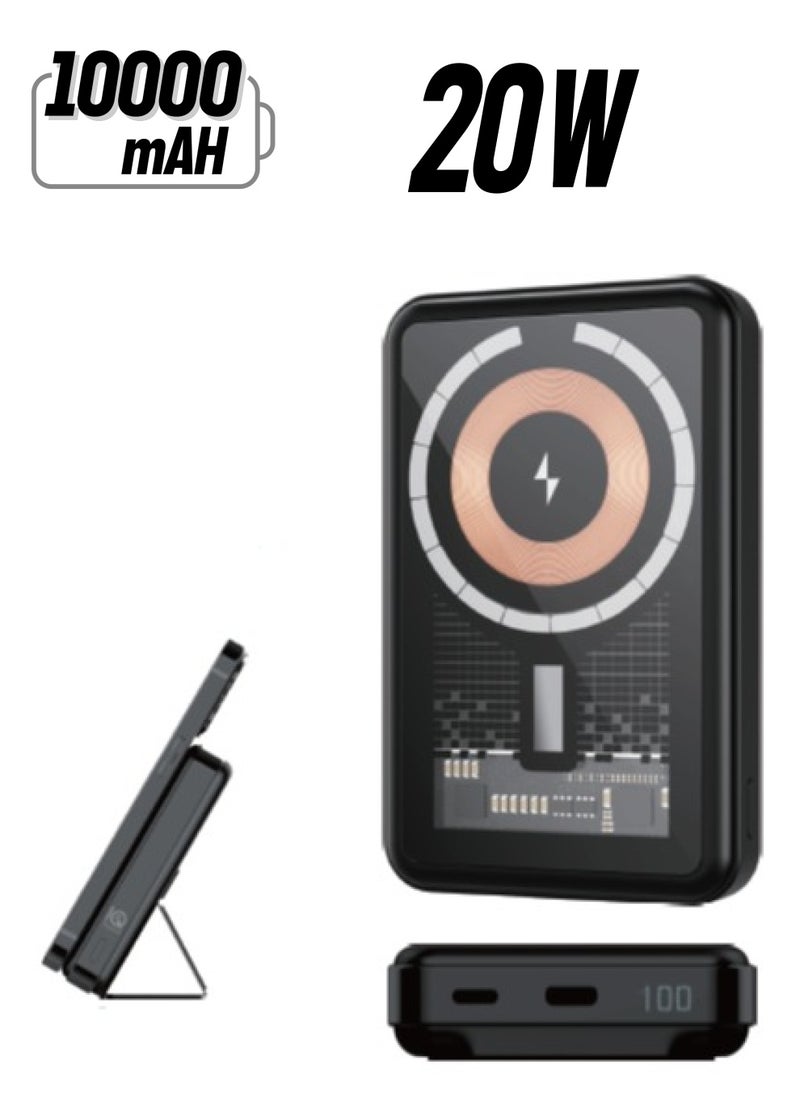 IQ TOUCH شاحن لاسلكي مغناطيسي من IQ TOUCH Magpower 10+ بسعة 10000 مللي أمبير في الساعة وقوة 15 وات وحامل قابل للطي وقوة 20 وات، أسود 