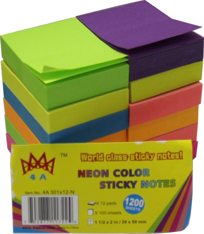 4A Sticky Notes,1 1/2 x 2 Inches,Small Size,The Adhesive On Shorter Side,Neon Assorted,Self-Stick Notes,100 Sheets/Pad,12 Pads/Pack,4A 301x12-N, Neon Assorted-12 Pads - Image 3