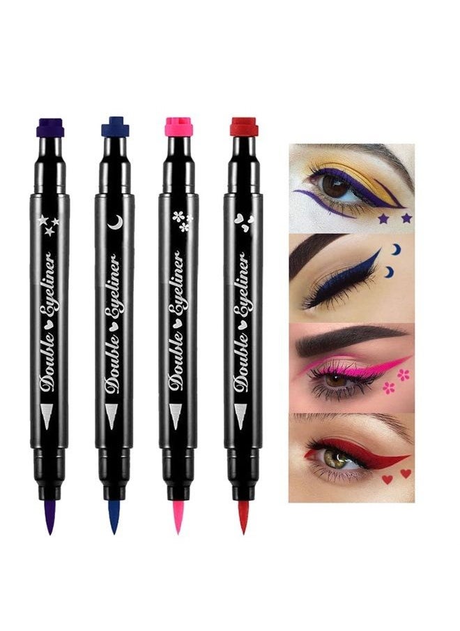 BINGBRUSH 4Pcs Double-head Liquid Stamp Eyeliner Pencil, 5 in 1 Pink Flowers Red Heart Blue Moon Purple Star Shapes Face Stamps Makeup Colorful Waterproof Slim Gel Felt Tip High Pigment Liquid Eyeliner & Seal  - Image 1