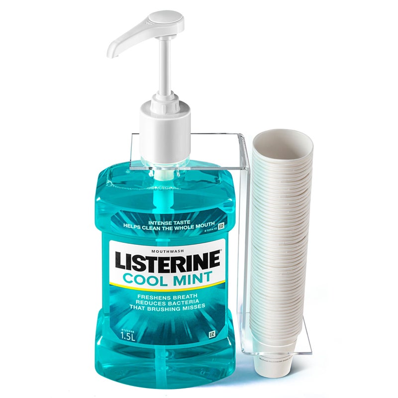 Practical Mouthwash Dispenser Specially Designed to Fit Only Listerine 15 or 1 L Bottles with Cups Holder and Pump
