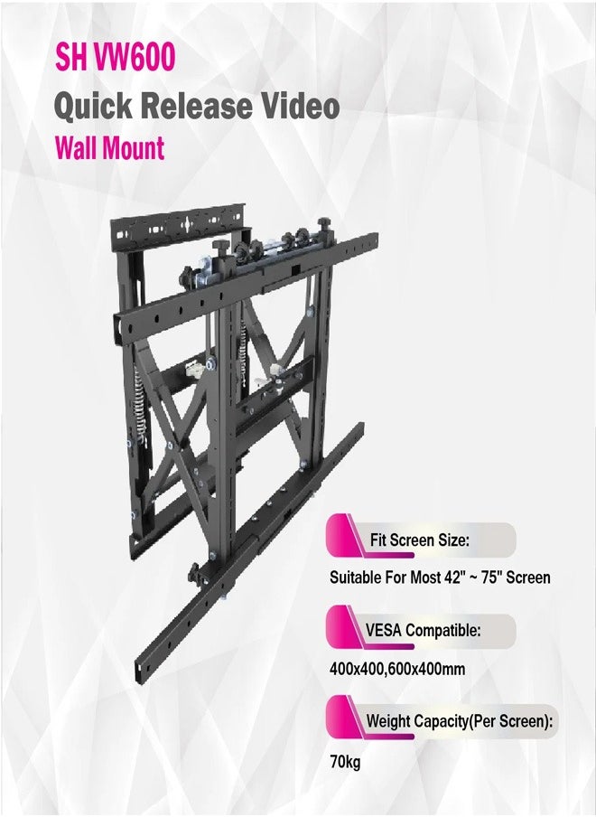 Skill Tech SH VW600 Quick Release Video Wall Mount for 42–75 Inch LED/LCD Screens, VESA 600x400, Heavy Duty TV Bracket, Max Load 70kg – Black  - Image 3