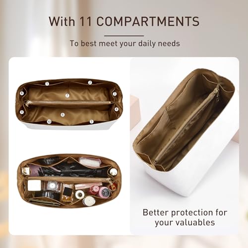 Doxo Upgraded Purse Organizer Insert Compatible with Lv Speedy 25, Neverfull PM, Goyard PM and More, Lightweight DupontPaper Bag Organizer Insert with Zip, 11 Pockets (Brown, M) - Image 4