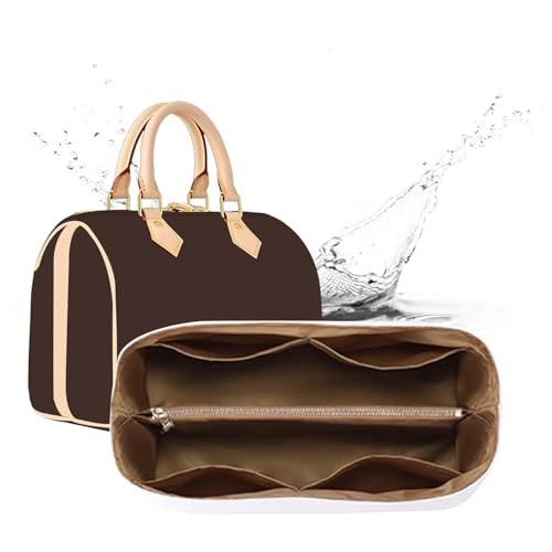Doxo Upgraded Purse Organizer Insert Compatible with Lv Speedy 25, Neverfull PM, Goyard PM and More, Lightweight DupontPaper Bag Organizer Insert with Zip, 11 Pockets (Brown, M) - Image 1