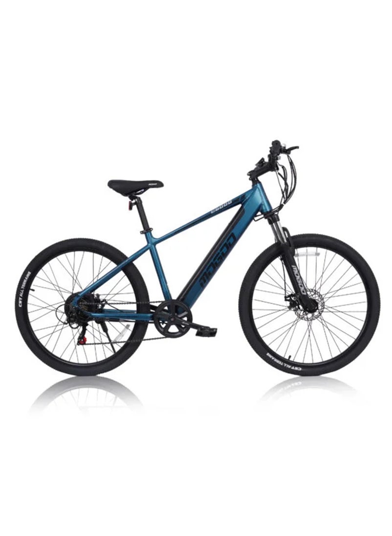 MOGOO دراجة كهربائية Mogoo E6000 مقاس 27.5 بوصة للبالغين - شيمانو 7 سرعات - محرك 350 وات - بطارية 36 فولت 10.4 أمبير - فرامل قرصية - خفيفة الوزن للتنقل - دراجة جبلية بنظام تعليق - مساعدة الدواسة - 35 كيلومترًا في الساعة - مدى 80 كيلومترًا - أزرق  - Image 1