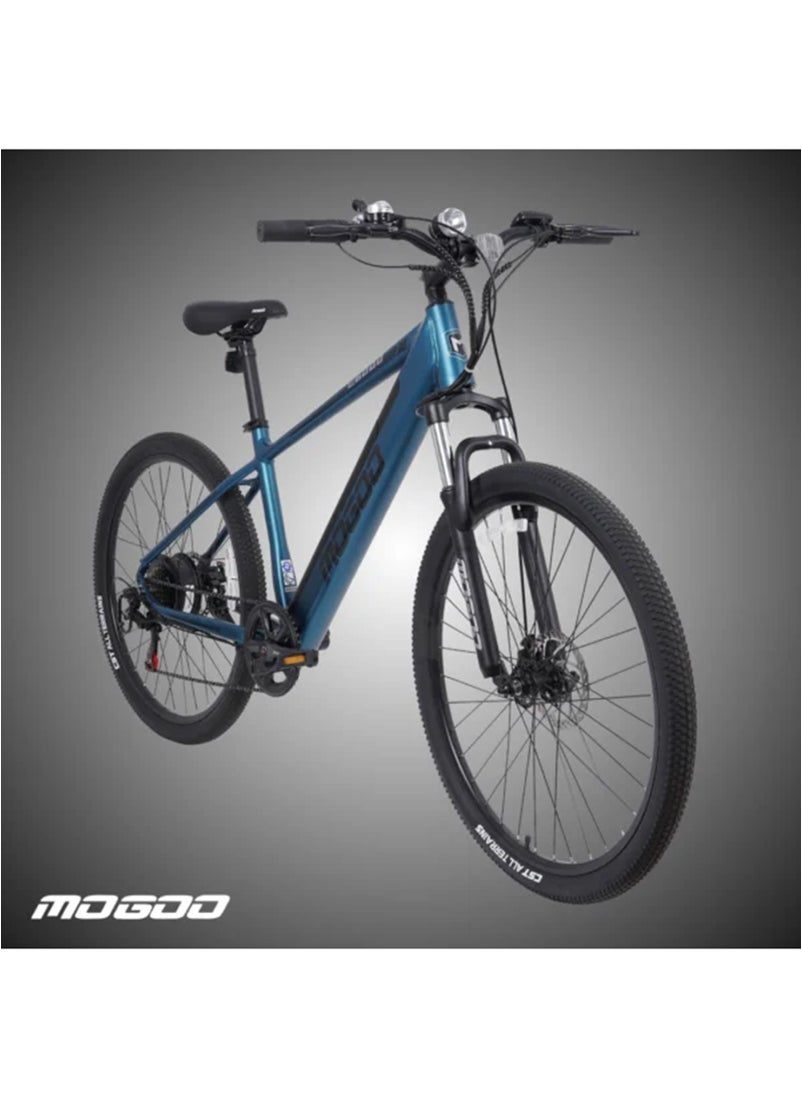 MOGOO دراجة كهربائية Mogoo E6000 مقاس 27.5 بوصة للبالغين - شيمانو 7 سرعات - محرك 350 وات - بطارية 36 فولت 10.4 أمبير - فرامل قرصية - خفيفة الوزن للتنقل - دراجة جبلية بنظام تعليق - مساعدة الدواسة - 35 كيلومترًا في الساعة - مدى 80 كيلومترًا - أزرق  - Image 2