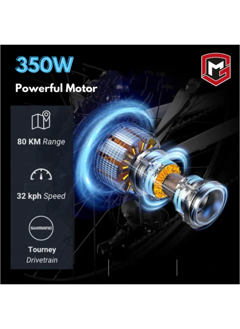 MOGOO دراجة كهربائية Mogoo E6000 مقاس 27.5 بوصة للبالغين - شيمانو 7 سرعات - محرك 350 وات - بطارية 36 فولت 10.4 أمبير - فرامل قرصية - خفيفة الوزن للتنقل - دراجة جبلية بنظام تعليق - مساعدة الدواسة - 35 كيلومترًا في الساعة - مدى 80 كيلومترًا - أزرق  - Image 3