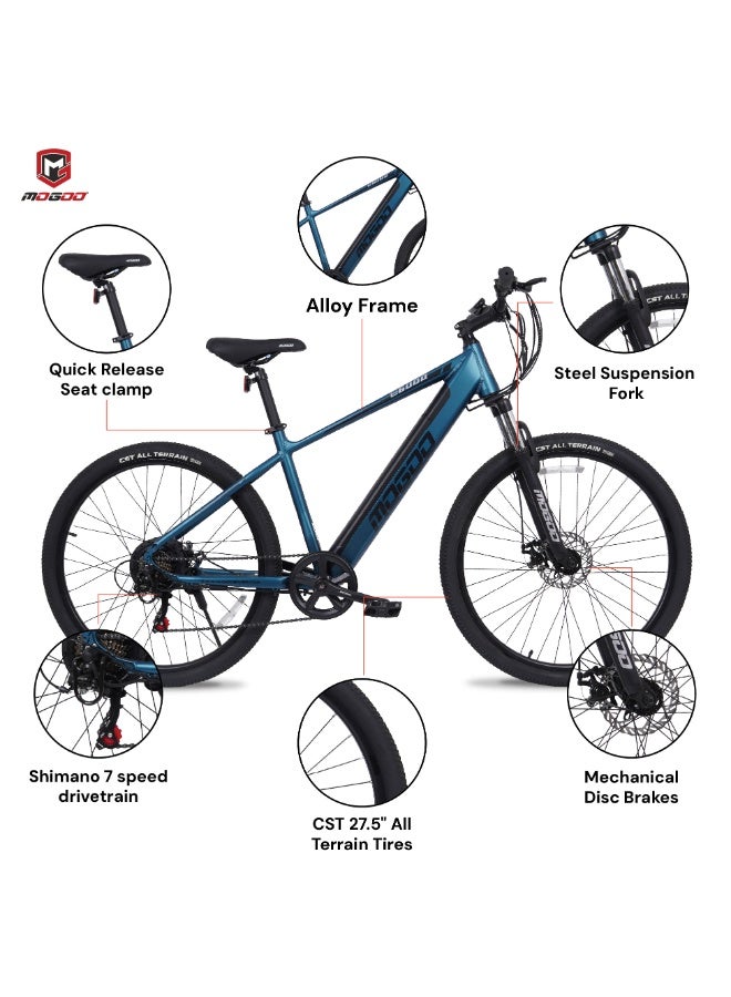 MOGOO E6000 27.5" E-Bike For Adults - Shimano 7-Speed - 350W Motor - 36V 10.4Ah Battery - Disc Brakes - Lightweight Commuter - Suspension Mountain Bike - Pedal Assist - 35Kph - 80Km Range - Blue - Image 3