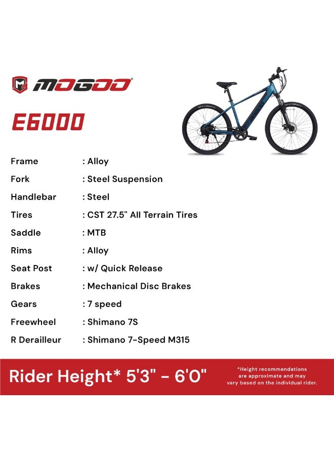 MOGOO E6000 27.5" E-Bike For Adults - Shimano 7-Speed - 350W Motor - 36V 10.4Ah Battery - Disc Brakes - Lightweight Commuter - Suspension Mountain Bike - Pedal Assist - 35Kph - 80Km Range - Blue - Image 5