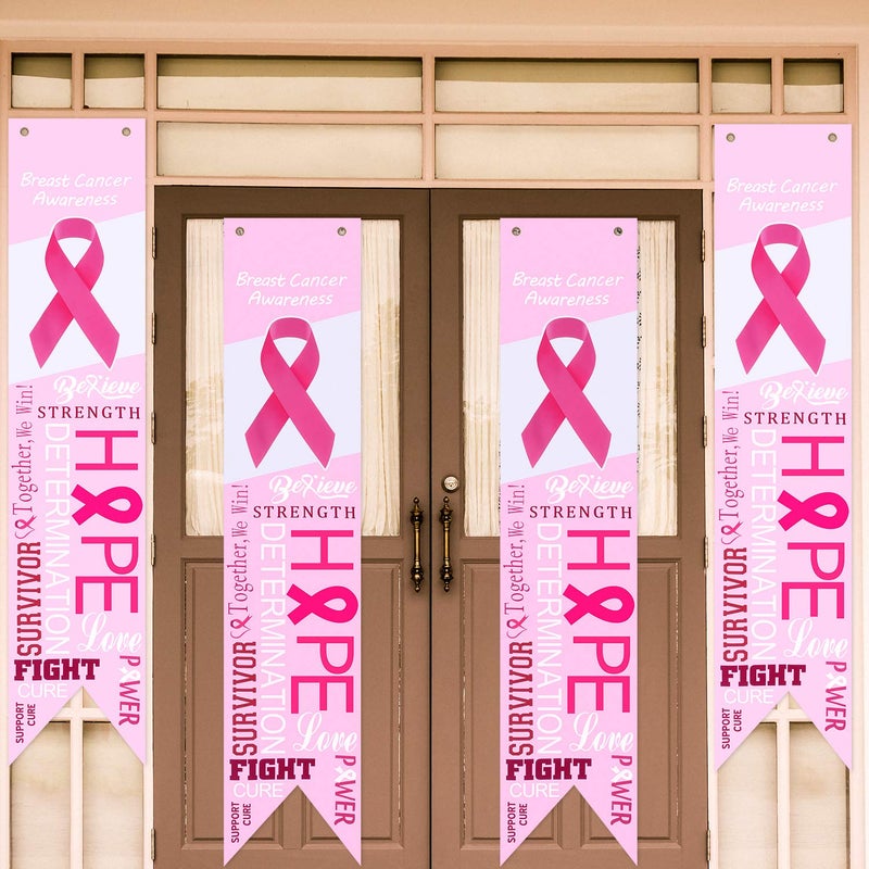 Shappy 4 Pieces Breast Cancer Banner Breast Cancer Awareness Accessories Decorations Porch Sign Background for Party Breast Cancer Awareness Event - Image 2