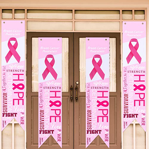 Shappy 4 Pieces Breast Cancer Banner Breast Cancer Awareness Accessories Decorations Porch Sign Background for Party Breast Cancer Awareness Event - Image 1