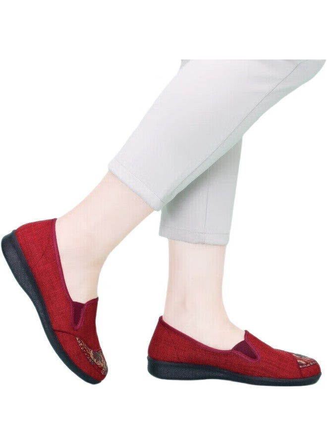 BUSHEYUAN Women'S Flat Shoes, Round Toe, Soft Sole, Breathable, Slip-On, Lazy Shoes For Middle-Aged And Elderly Women, Old Beijing Cloth Shoes, 210-1322, Red, Size 39 - Image 1