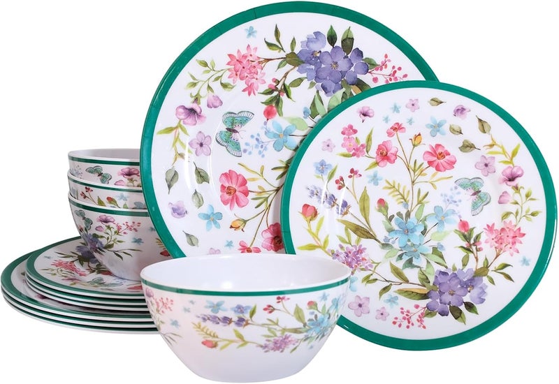Zayton Melamine Dinnerware Set 12Piece for 4 Dish Set Plates Bowls Unbreakable Dishware for Indoor Outdoor Use Lightweight Durable for Camping Picnics Parties Green - Image 1