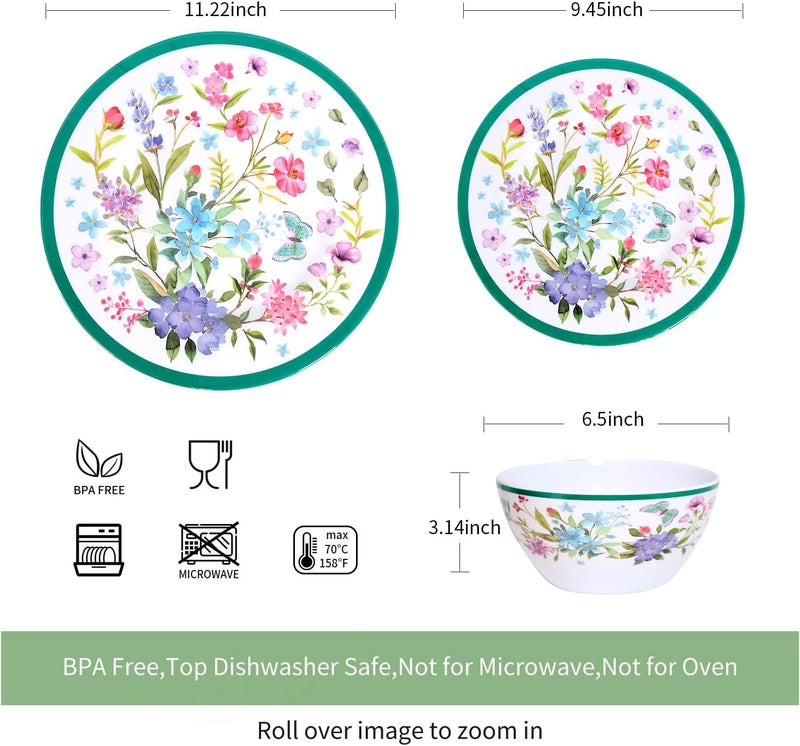 Zayton Melamine Dinnerware Set 12Piece for 4 Dish Set Plates Bowls Unbreakable Dishware for Indoor Outdoor Use Lightweight Durable for Camping Picnics Parties Green - Image 2