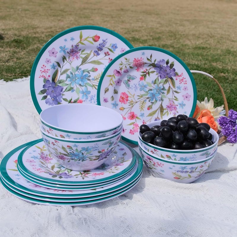 Zayton Melamine Dinnerware Set 12Piece for 4 Dish Set Plates Bowls Unbreakable Dishware for Indoor Outdoor Use Lightweight Durable for Camping Picnics Parties Green - Image 3