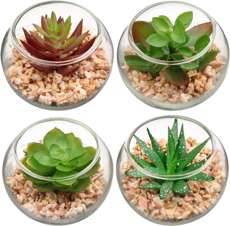 Briful Mini Fake Plants 4 Packs Cute Succulents Artificial Plants Potted Faux Succulents in Round Glass Vase for Bathroom Living Room Kitchen Shelf Table Decor - Image 1