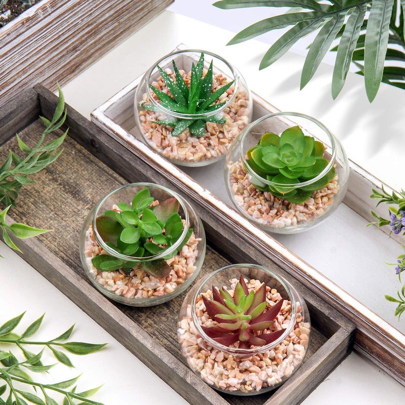 Briful Mini Fake Plants 4 Packs Cute Succulents Artificial Plants Potted Faux Succulents in Round Glass Vase for Bathroom Living Room Kitchen Shelf Table Decor - Image 3