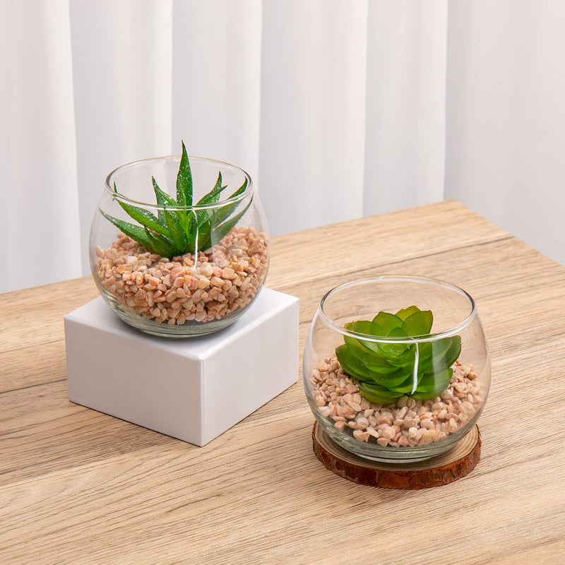 Briful Mini Fake Plants 4 Packs Cute Succulents Artificial Plants Potted Faux Succulents in Round Glass Vase for Bathroom Living Room Kitchen Shelf Table Decor - Image 4