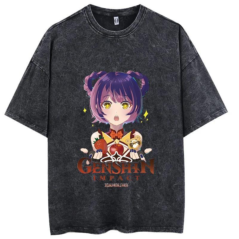 Game Genshin Impact Graphic T-Shirt Retro Washed Cotton T-Shirt Top Casual In T-Shirt Harajuku - Image 1