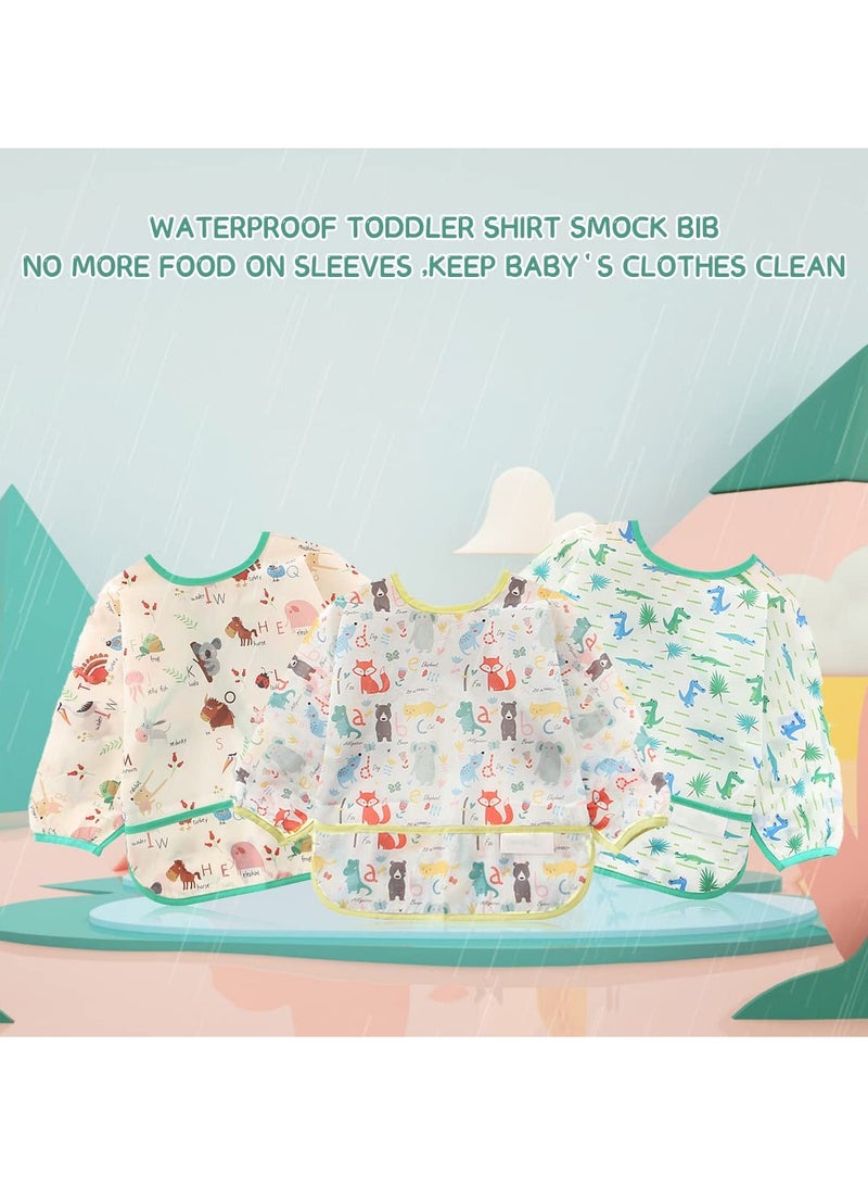 SOLARAE Long Sleeve Baby Bibs, Unisex Waterproof Feeding Bibs Smock Apron Set for 3-24 Months Infant Child Toddler Smock Coverall 3 Pcs - Image 3