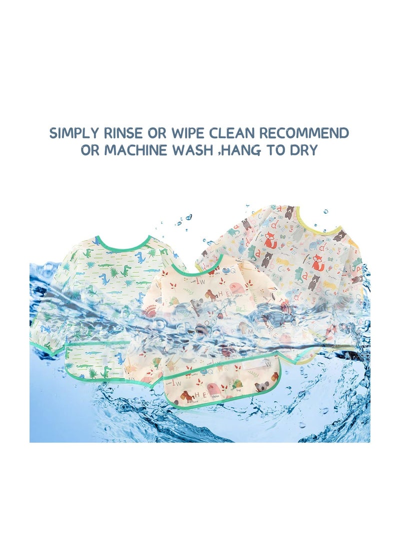 SOLARAE Long Sleeve Baby Bibs, Unisex Waterproof Feeding Bibs Smock Apron Set for 3-24 Months Infant Child Toddler Smock Coverall 3 Pcs - Image 2