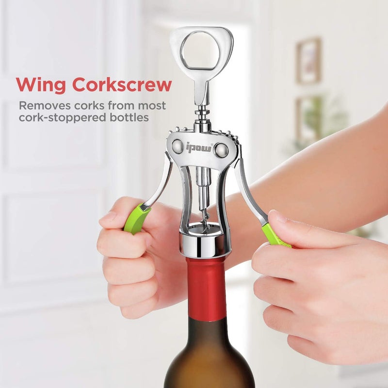 IPOW Wine Opener, Zinc Alloy Wine Bottle Opener, Wing Corkscrew Heavy Duty, Manual Multifunctional Cork Screw for Waiter, Green - Image 4