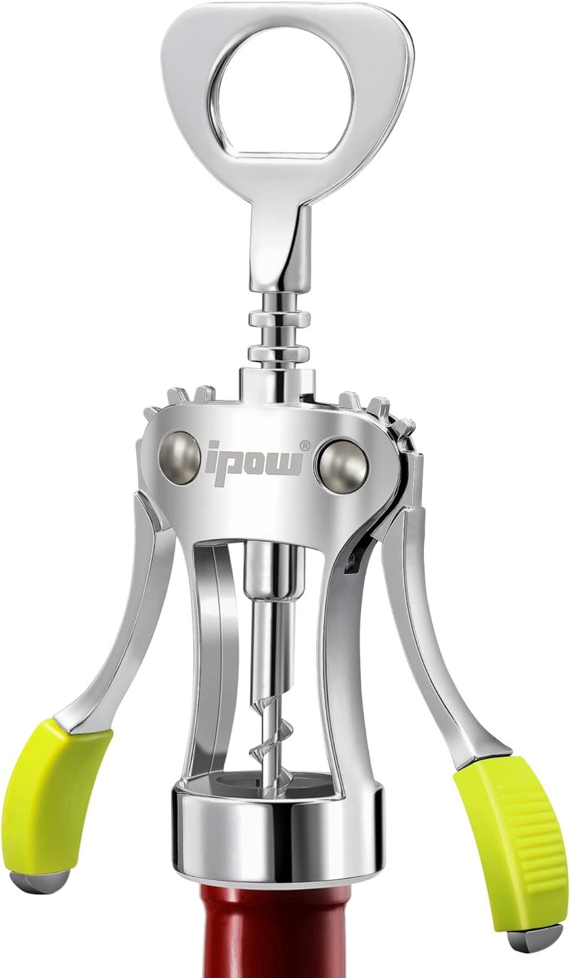 IPOW Wine Opener, Zinc Alloy Wine Bottle Opener, Wing Corkscrew Heavy Duty, Manual Multifunctional Cork Screw for Waiter, Green - Image 1