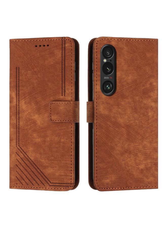 Green Tiger For Sony Xperia 1 VI Skin Feel Stripe Pattern Leather Phone Case with Lanyard(Brown)