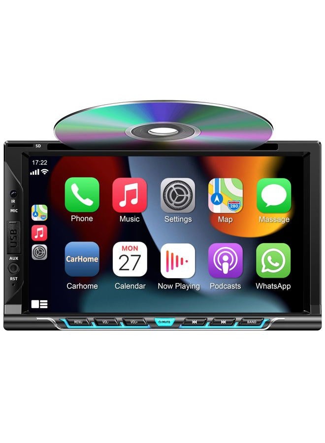 Double Din Car Stereo with CD/DVD Player, Apple CarPlay/Android Auto 7” Double din Radio with Backup Camera, Mirror Link, Bluetooth, AM FM Radio Receiver, SWC, Subwoofer, USB/TF/AUX…
