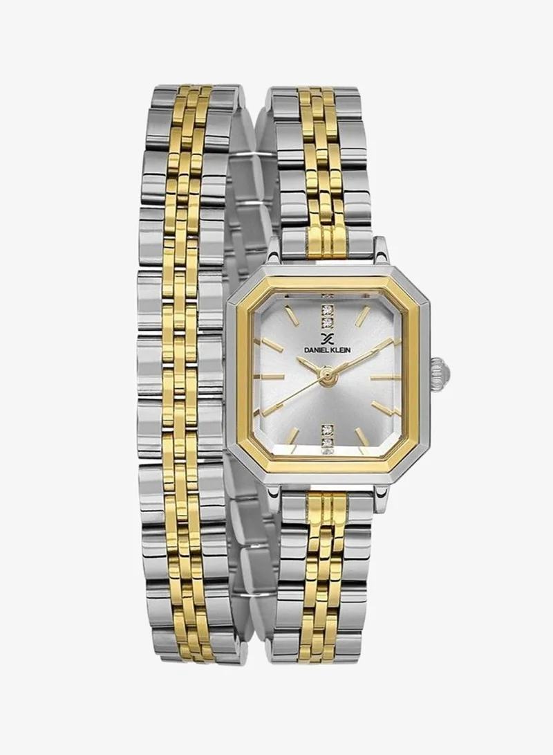 Daniel Klein Women's Stainless Steel Silver and Gold Alloy Case Analog Silver Square Sunray Dial Japanese Quartz Premium 30 Meters Water Resistant
