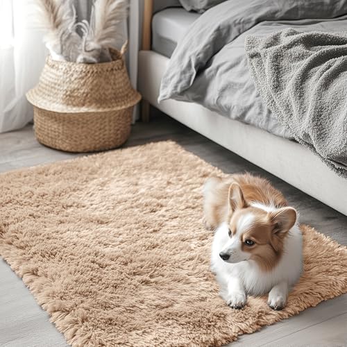 OLANLY 2x3 Machine Washable Small Bedside Rug Soft Fluffy Shaggy Entryway Throw Rugs for Bedroom Living Room Indoor Floor Carpet for Kids Girls and Boys Nursery Rooms Home Decor Aesthetic Beige - Image 1